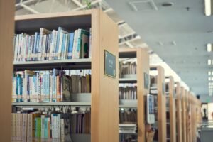 Information Classification - A well-organized library with rows of bookshelves and books in a cozy, quiet environment.