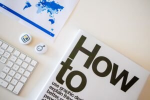 How Retargeting Works Certification - Stylish desk setup with a how-to book, keyboard, and world map on paper.