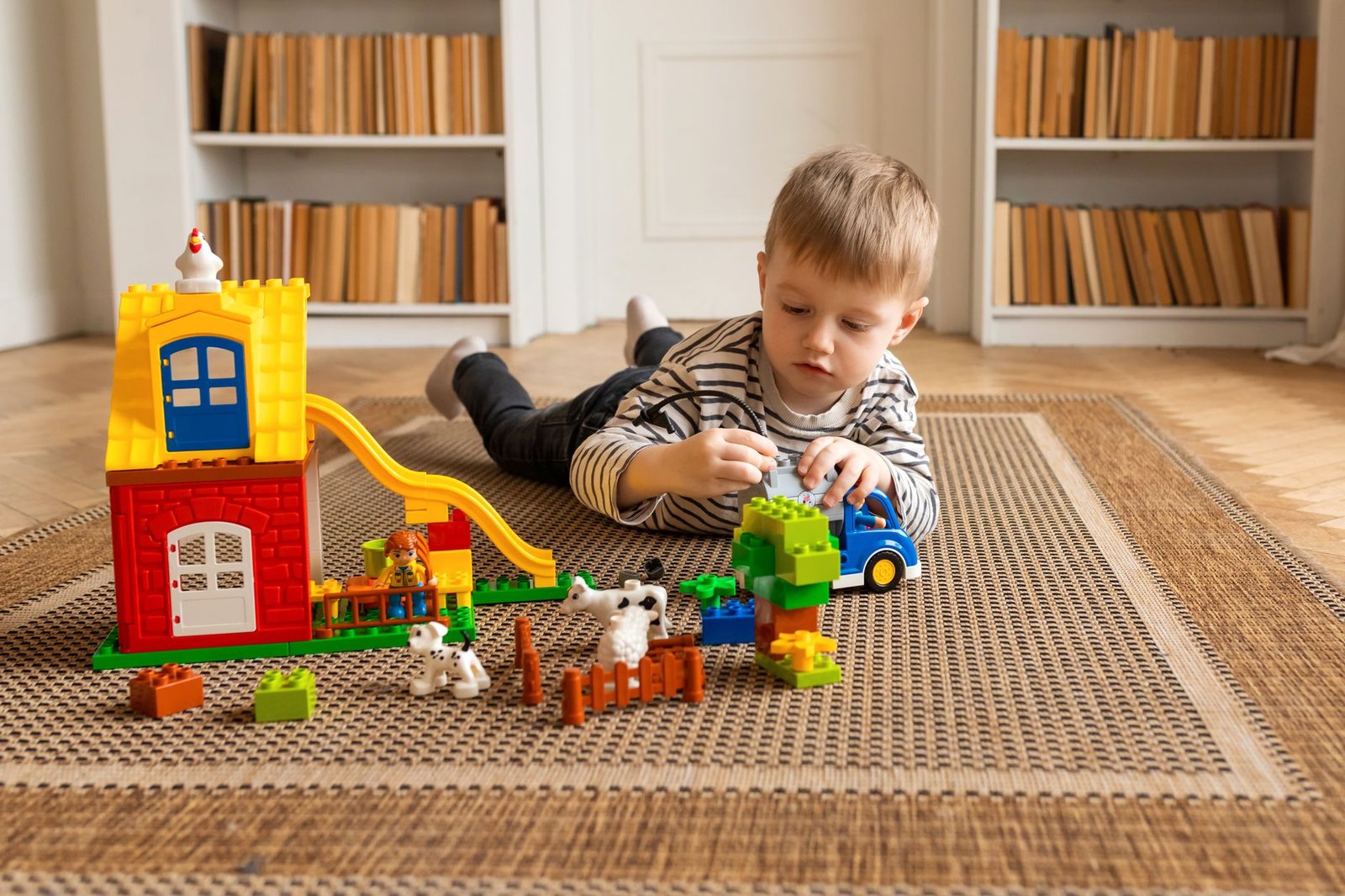 Play Therapy Certification - Young boy engaged in imaginative block play on a carpeted floor indoors.