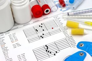 Catheter Care Certification - Arrangement of medical equipment, lab tests, and health data on a clinical table.