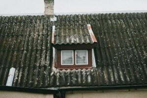 Introduction to Asbestos Certification - Detailed view of a moss-covered roof with a small window in rural Poland, capturing rustic charm.