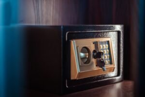 Perfect Passwords - Close-up image of an electronic safe with a key in Baghdad, Iraq.