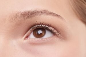 Eyebrow Definition Certificate - Detailed close-up of a woman's natural brown eye, showcasing eyelashes and eyebrow.