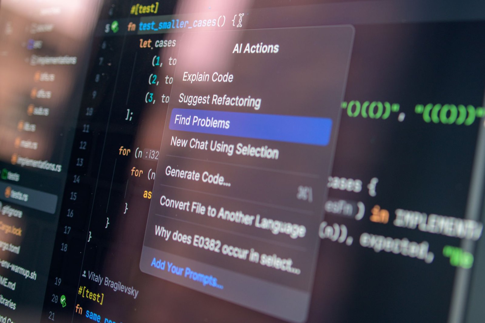 OSINT – Open Source Intelligence - Close-up of AI-assisted coding with menu options for debugging and problem-solving.