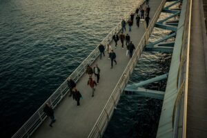 Social Engineering - Aerial view of people walking on a pedestrian bridge over water during day.