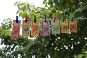 What is Money Laundering? Certification - Colorful Indian rupee banknotes pinned and hanging on a clothesline against a green leafy backdrop.