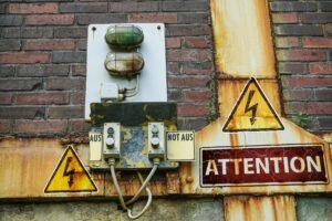 Electrical Safety in the Workplace - A close-up of an old, rusty warning sign and electrical components on a brick wall conveying caution.