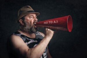 AI Deepfakes - Bearded man shouting through a red megaphone with 'No to A.I' message.