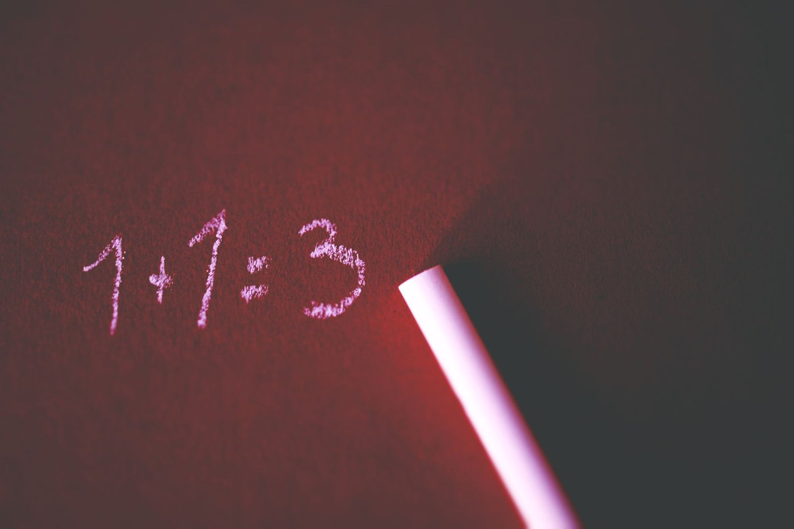 Leading Effective 1-1 Meetings Certification - Close-up of a chalkboard with a humorous math error showing 1+1=3 written in chalk.