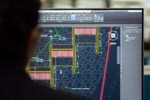 Introduction to AutoCAD Certification - A civil engineer working on a weir design using CAD software on a computer screen in an office setting.