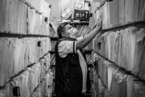 Maintaining Employee Records Certification - Elderly man sorts through files in an office aisle wearing a face mask.