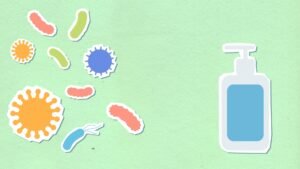 Legionnaires’ Disease Awareness Certification - Colorful illustration of germs and a sanitizer bottle on a green background, symbolizing hygiene.
