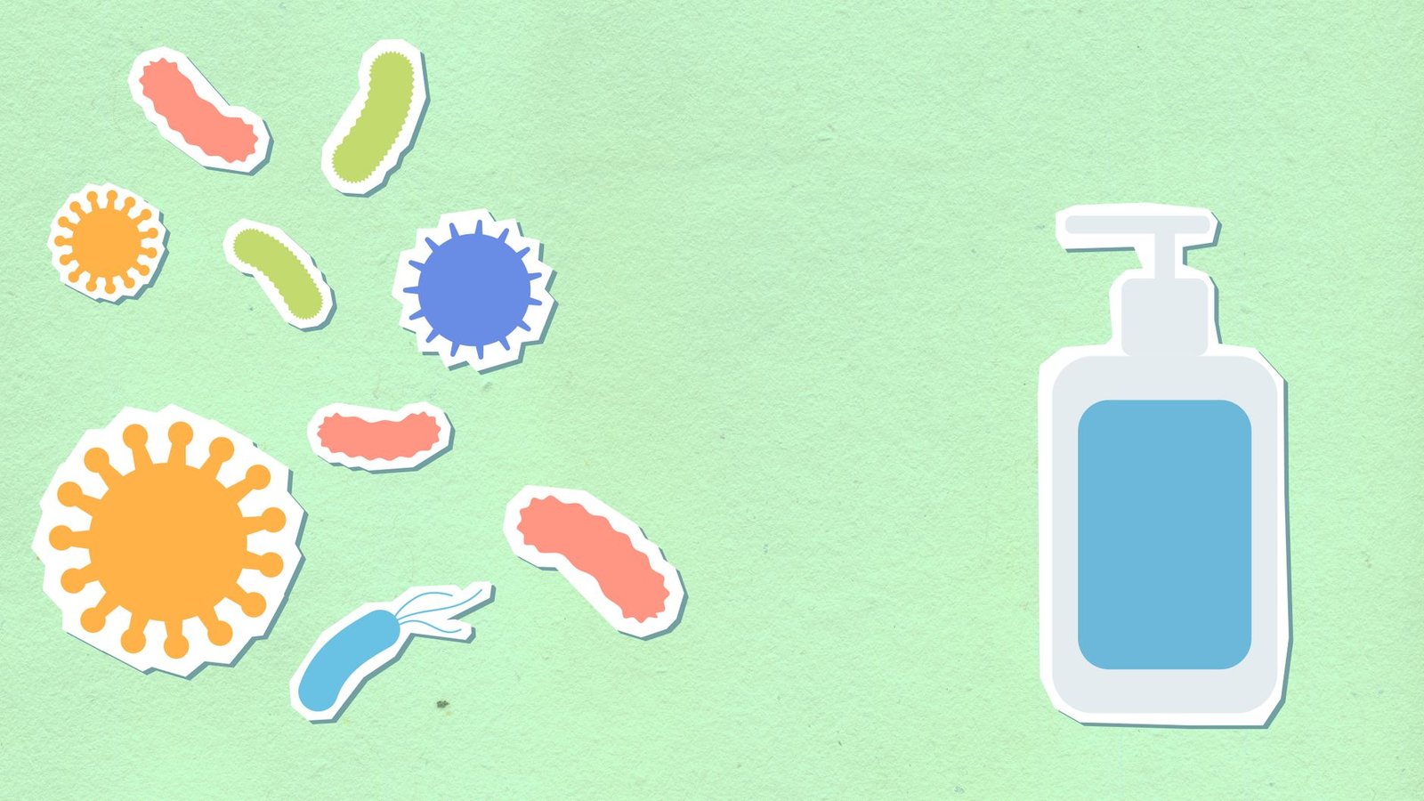 Legionnaires’ Disease Awareness Certification - Colorful illustration of germs and a sanitizer bottle on a green background, symbolizing hygiene.
