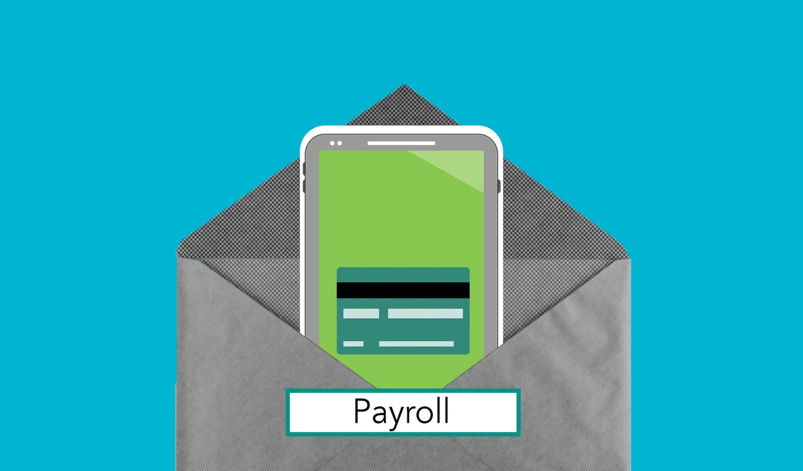 Payroll Systems -The Basics Certification - Decorative cardboard illustration of cellphone with application on screen in envelope with Payroll inscription on blue background