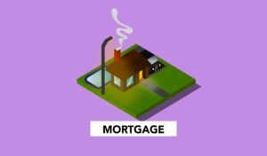 Understanding Mortgages and Personal Finance Certification - Cardboard illustration of building with swimming pool and lawn above Mortgage inscription on violet background