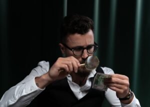 Fraud Detection Certification - Focused adult inspecting a banknote closely with a magnifying glass indoors.