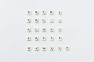 Advanced English Spelling Certification - Scrabble letter tiles arranged into the alphabet on a white background.