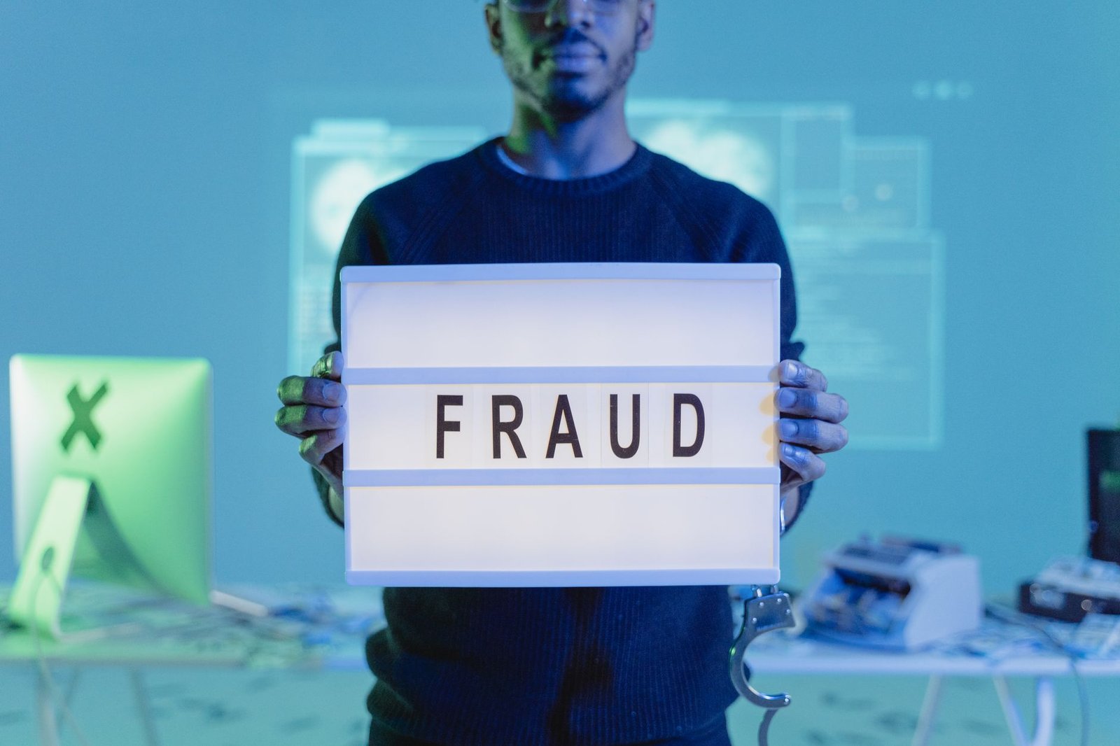 Identity Theft - A man holding a sign reading 'FRAUD' in a tech environment, highlighting cybersecurity concerns.