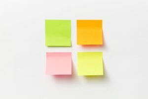 The Four Ps of Marketing Certification - Four colorful sticky notes arranged on a clean white background.