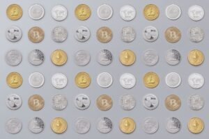 Cryptocurrency - A seamless pattern of various cryptocurrency coins in gold and silver tones.