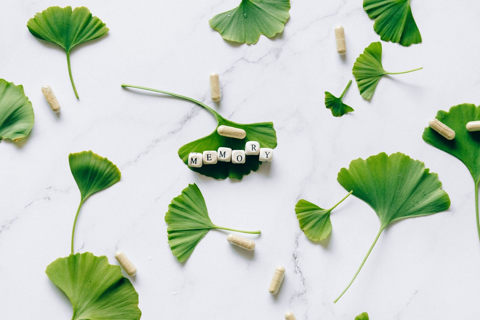 Memory Enhancement Certification - Flat lay of ginkgo leaves with memory capsules on marble surface.
