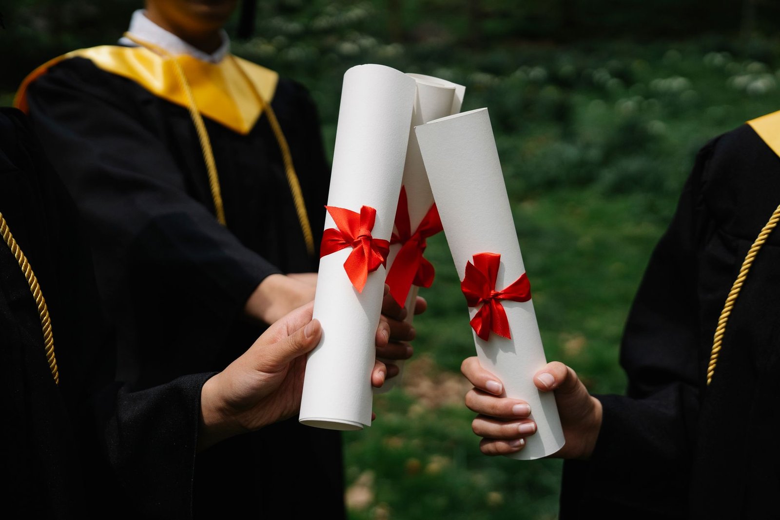 British Citizenship Diploma - Group of graduates holding diplomas with red ribbons during a ceremony outdoors.