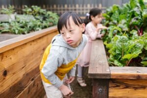 Cerebral Palsy Awareness Certification - Children with Down syndrome enjoying a garden experience.