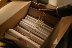 HR: Protecting Confidentiality Certification - Hands organizing files in a box, symbolizing investigation and research.