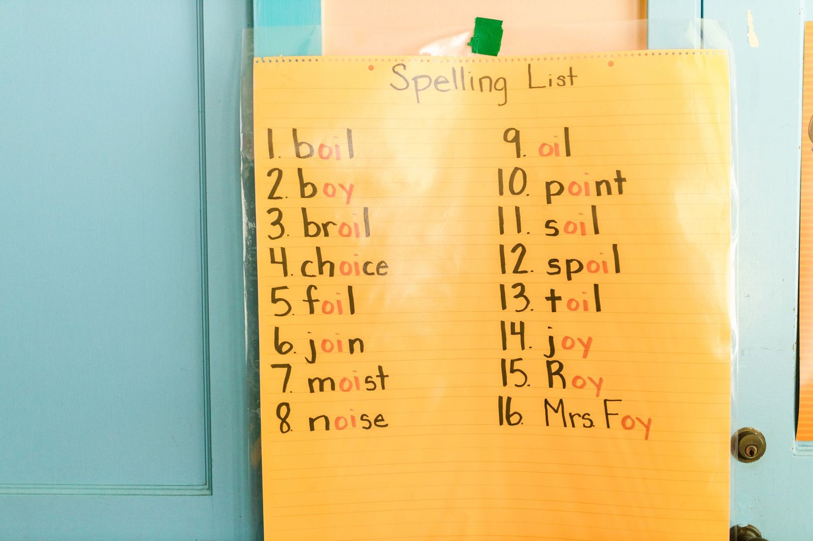 Teaching Phonics Certification - A handwritten spelling list on colored paper displayed on a classroom wall, perfect for educational themes.
