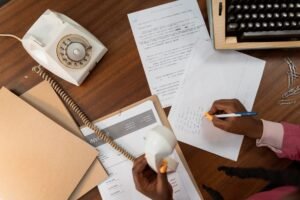 Business Letter Writing Certification - Overhead view of a person writing notes while holding a vintage telephone on a wooden desk.
