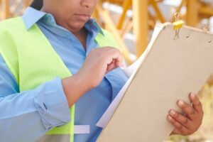 Introduction to RIDDOR Certification - A female engineer in safety gear reviewing documents on a clipboard at a construction site.