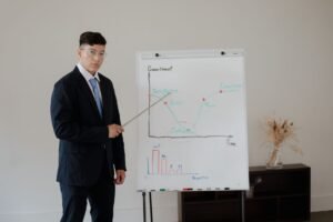 Developing a Career Strategy Certification - Young professional presenting commitment and progress chart in a business setting.