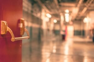 Positive Handling in Schools Certification - Abstract image of a blurred industrial corridor with focus on a red door handle.